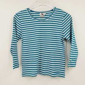Vintage Calvin Klein Size Medium Blue & White Striped Cropped Top 90s Y2K